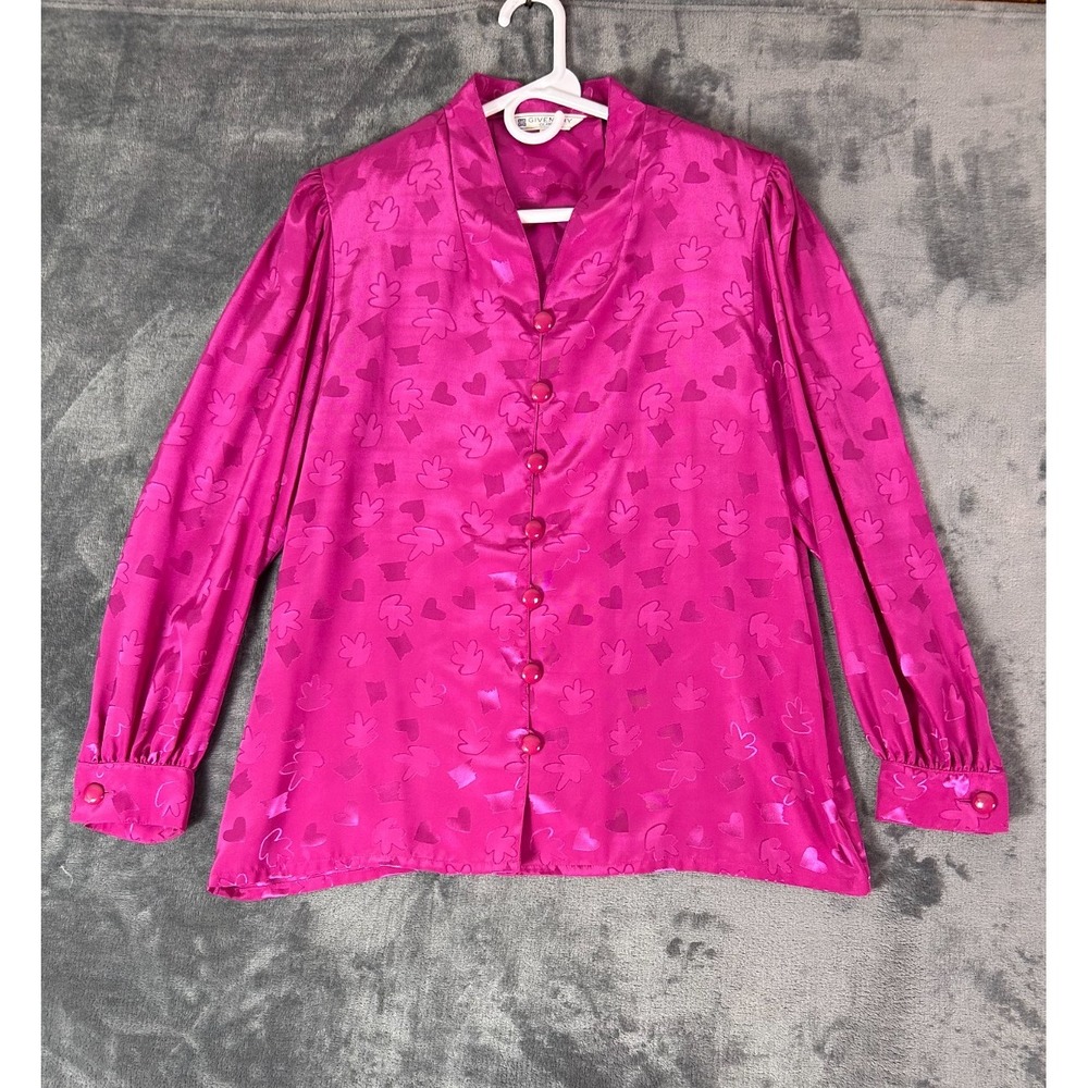 Givenchy Glamour Vintage Women's Blouse Size 13‎ Pink Satin Jacquard Long Sleeve